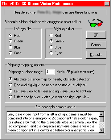 Stereoscopic vision preferences dialog
