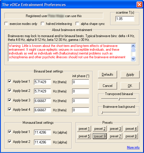 The vOICe entrainment preferences