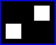 Two upright bright filled squares, one at bottom left and one at top right