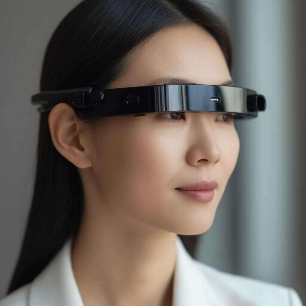 人工智能生成的 vOICe vision BCI 眼镜效果图，专为全盲人士打造