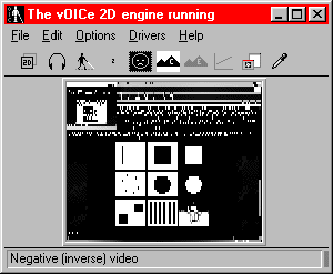 Snapshot of The vOICe window doing full screen sonification in negative video with browser showing this web page