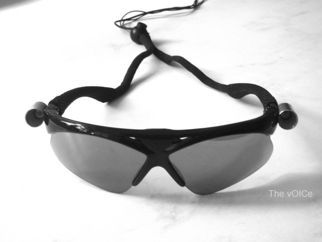The sonar extension would normally be combined with video sunglasses as used with The vOICe (sonar transducers prepared by Sergey Ershov)